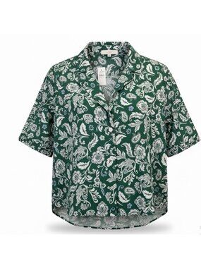 Loft Womens Green Floral Lyocell Short-Sleeve Button-Up Shirt Size XL